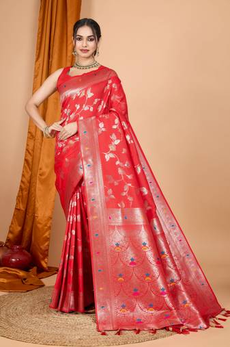Red banarasi silk blend saree with woven jari designer work