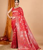 Red banarasi silk blend saree with woven jari designer work