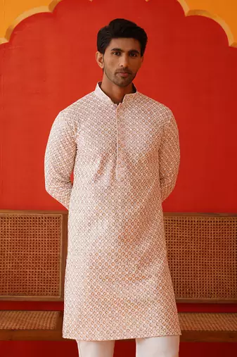 Pink cotton blend embroidered kurta pyjama set