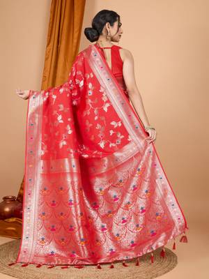 Red faux banarasi silk blend saree with woven zari work 2