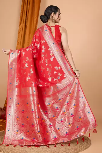 Red faux banarasi silk blend saree with woven zari work
