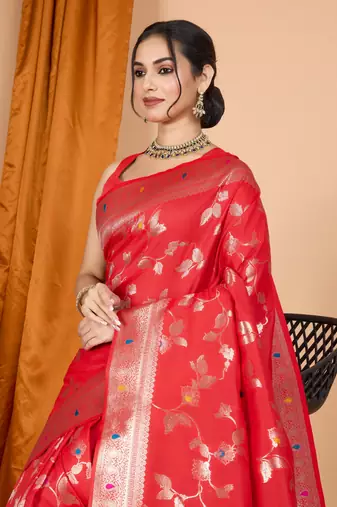 Red faux banarasi silk blend saree with woven zari work