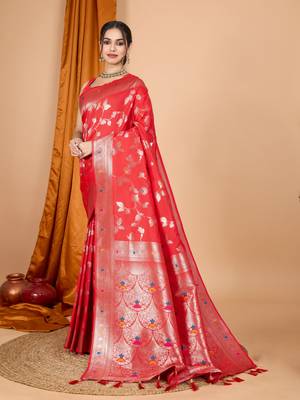 Red faux banarasi silk blend saree with woven zari work 5