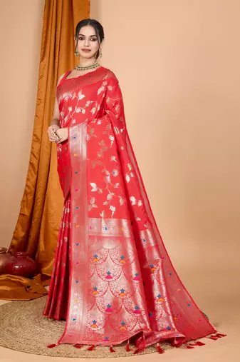 Red faux banarasi silk blend saree with woven zari work