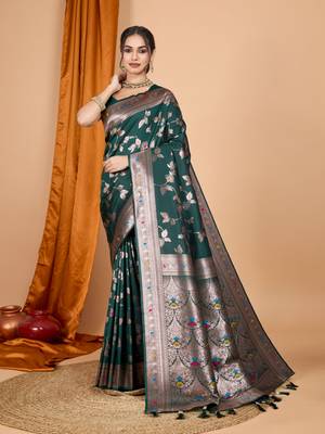Dark green faux banarasi silk blend saree with woven zari work 1