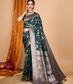 Dark green banarasi silk blend saree with woven jari work
