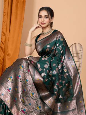 Dark green faux banarasi silk blend saree with woven zari work 3
