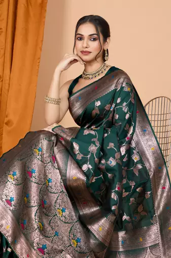 Dark green faux banarasi silk blend saree with woven zari work