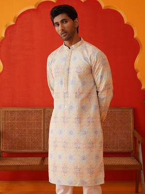 Grey viscose rayon embroidered kurta pyjama set 1