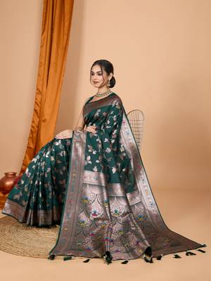 Dark green faux banarasi silk blend saree with woven zari work 5