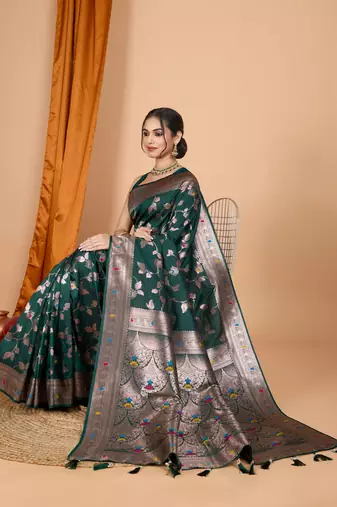 Dark green faux banarasi silk blend saree with woven zari work