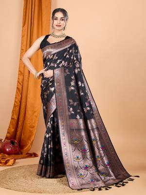 Black faux banarasi silk blend saree with woven zari work 1