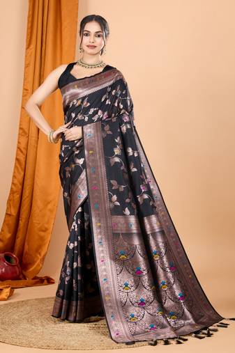 Black banarasi silk blend saree with woven jari designer work