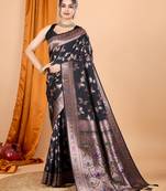 Black banarasi silk blend saree with woven jari work