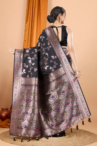 Black faux banarasi silk blend saree with woven zari work