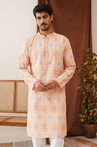 Peach viscose rayon embroidered kurta pyjama set