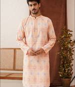 Peach viscose rayon embroidered kurta pyjama set