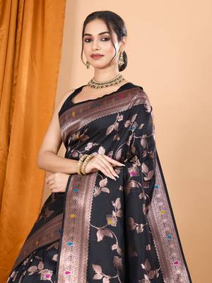 Black faux banarasi silk blend saree with woven zari work 3