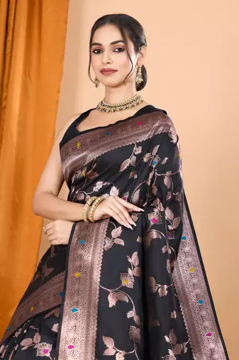 Black faux banarasi silk blend saree with woven zari work