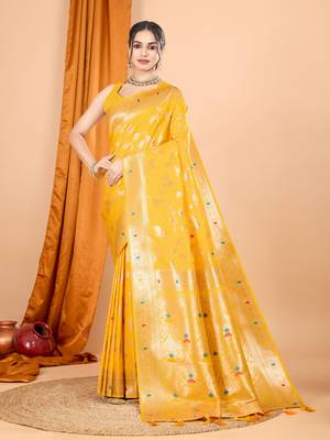 Yellow faux banarasi silk blend saree with woven zari work 1