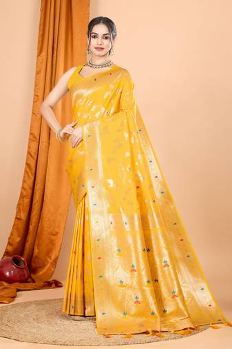 Yellow banarasi silk blend saree with woven jari designer work