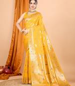 Yellow banarasi silk blend saree with woven jari work