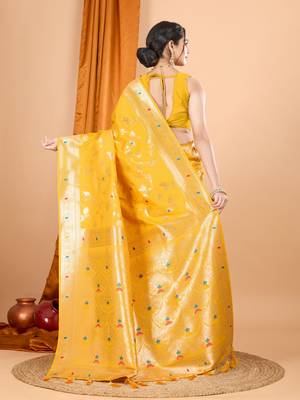 Yellow faux banarasi silk blend saree with woven zari work 2