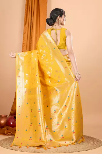 Yellow faux banarasi silk blend saree with woven zari work