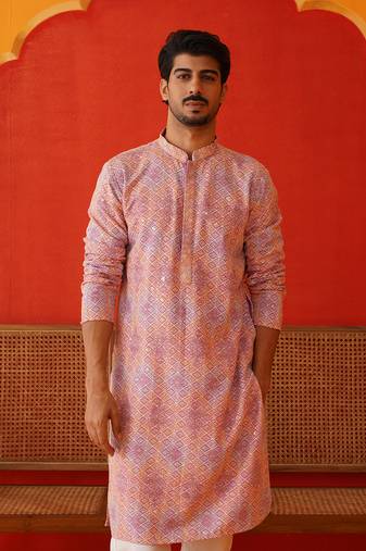 Pink viscose rayon embroidered kurta pyjama set