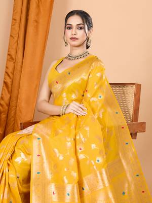Yellow faux banarasi silk blend saree with woven zari work 3