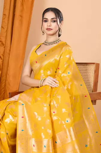Yellow faux banarasi silk blend saree with woven zari work