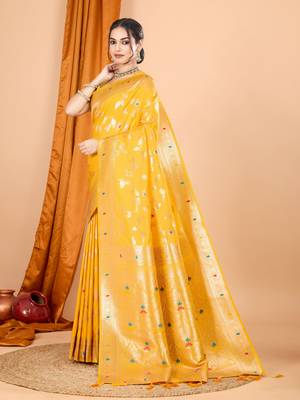 Yellow faux banarasi silk blend saree with woven zari work 5
