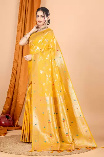 Yellow faux banarasi silk blend saree with woven zari work