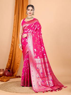 Pink faux banarasi silk blend saree with woven zari work 1