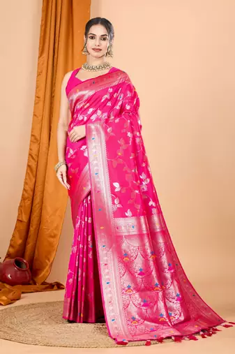 Pink banarasi silk blend saree with woven jari designer work