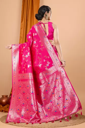 Pink faux banarasi silk blend saree with woven zari work
