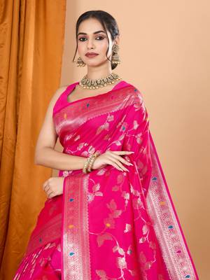 Pink faux banarasi silk blend saree with woven zari work 3