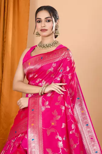 Pink faux banarasi silk blend saree with woven zari work