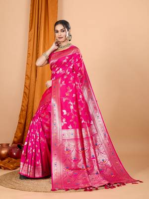 Pink faux banarasi silk blend saree with woven zari work 5