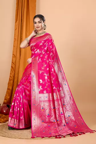 Pink faux banarasi silk blend saree with woven zari work
