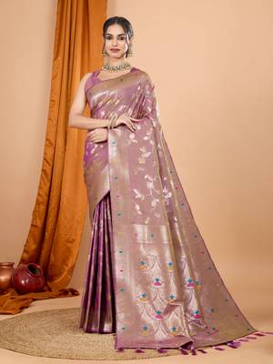 Light pink faux banarasi silk blend saree with woven zari work 1