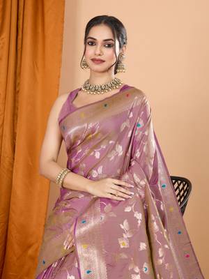 Light pink faux banarasi silk blend saree with woven zari work 3