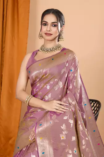 Light pink faux banarasi silk blend saree with woven zari work