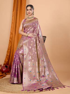 Light pink faux banarasi silk blend saree with woven zari work 5