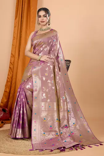 Light pink faux banarasi silk blend saree with woven zari work