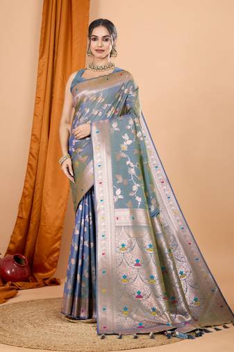 Grey banarasi silk blend saree with woven jari designer work