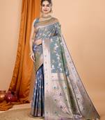 Grey banarasi silk blend saree with woven jari work