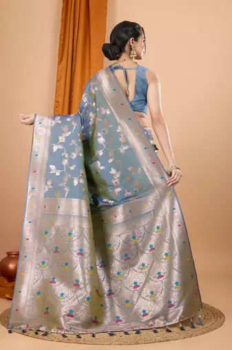 Grey faux banarasi silk blend saree with woven zari work