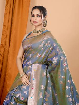 Grey faux banarasi silk blend saree with woven zari work 3
