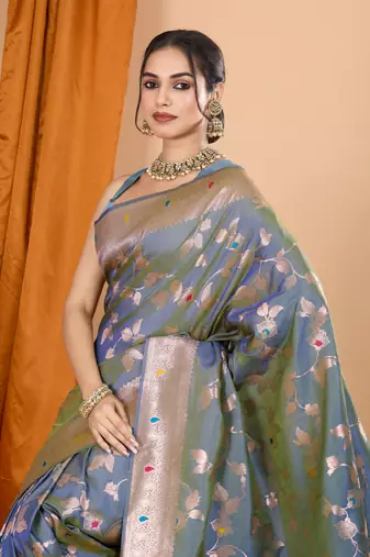 Grey faux banarasi silk blend saree with woven zari work